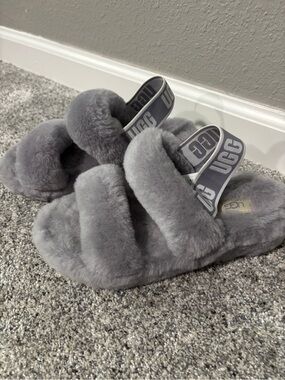 UGG Light Gray Plush Slide Slippers
